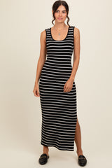 Black Striped Ribbed Open Back Maxi Dress