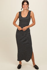 Black Striped Ribbed Open Back Maxi Dress