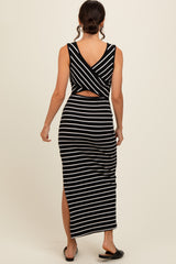 Black Striped Ribbed Open Back Maxi Dress