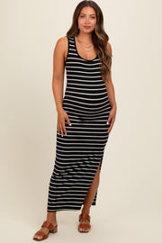 Black Striped Ribbed Open Back Maternity Maxi Dress