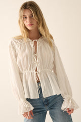 Off White Solid Tiered Ruched Woven Blouse