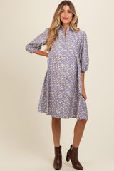 Lavender Floral Button Front 3/4 Sleeve Maternity Dress