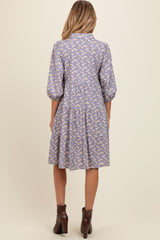 Lavender Floral Button Front 3/4 Sleeve Maternity Dress