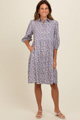 Lavender Floral Button Front 3/4 Sleeve Dress