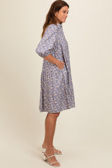 Lavender Floral Button Front 3/4 Sleeve Dress