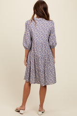 Lavender Floral Button Front 3/4 Sleeve Dress