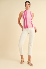 Two Tone Pink Vertical Stripe Lettuce Edge Rib Sweater Tank