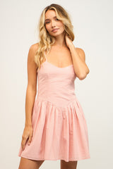 Pink Gingham Checker V-Neck Sleeveless Side Zipper Mini Dress