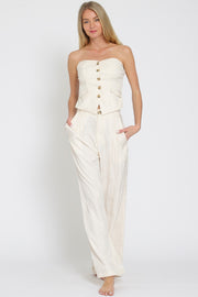 Ivory Beige Tube Vest And High Waisted Satin Long Pants Set