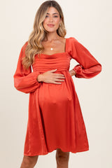 Salmon Satin Pleated Detail Bodice Maternity Dress