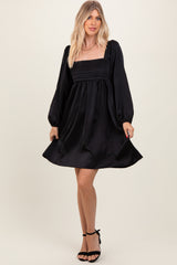 Black Satin Pleated Detail Bodice Dress