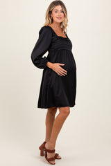 Black Satin Pleated Detail Bodice Maternity Dress