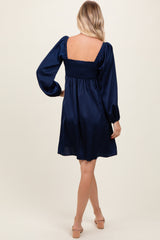 Navy Blue Satin Pleated Detail Bodice Dress