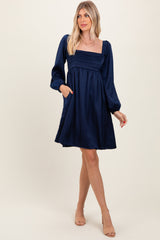 Navy Blue Satin Pleated Detail Bodice Maternity Dress