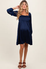 Navy Blue Satin Pleated Detail Bodice Maternity Dress