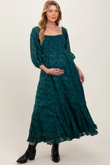 Forest Green Textured Overlay Smocked Ruffled Hem Maternity Maxi Dress