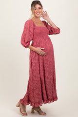 Mauve Textured Overlay Smocked Ruffled Hem Maternity Maxi Dress