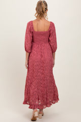 Mauve Textured Overlay Smocked Ruffled Hem Maternity Maxi Dress