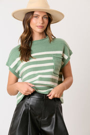 Green White Contrast Stripe Sweater