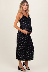 Black Bow Print Ruffle Detail Maternity Maxi Dress