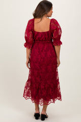 Burgundy Floral Mesh Lace Overlay Maternity Maxi Dress