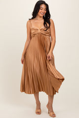 Gold Satin Pleated Sweetheart Maternity Midi Dress