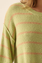 Margarita Apricot Striped Knit Boat Neck 3/4 Sleeve Loose Sweater