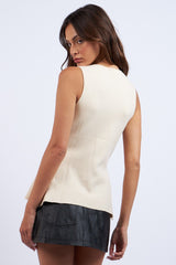 Natural V-Neck Big Button Slit Knit Sweater Vest Top