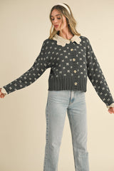 Charcoal Doll Collar Button Up Sweater Cardigan