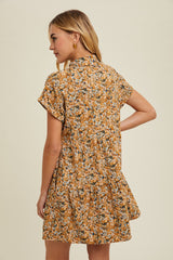 Mustard Combo Floral Corduroy Tiered Mini Dress