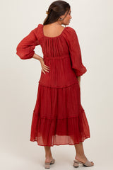 Rust Ruffle Accent Tiered Long Sleeve Maternity Maxi Dress