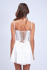 Ivory Satin Corset Shape Lace Trim Flare Mini Dress