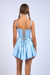 Blue Satin Corset Shape Lace Trim Flare Mini Dress