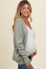 Light Olive Pocketed Open Maternity Cardigan