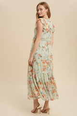 Green Tea Floral Chiffon Flutter Sleeve Maxi Dress