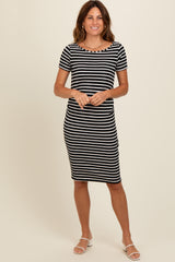 Black Striped Boat Neck Ruched Maternity Dress