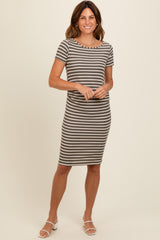 Olive Striped Boat Neck Ruched Dress