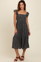 Black Ruffle Strap Smocked Maternity Mid Dress