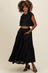 Black Floral Jacquard Crop Top and Skirt Set