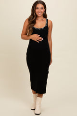 Black Knit Contrast Stitch Detail Maternity Midi Dress