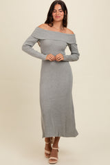 Heather Grey Off Shoulder Back Tie Sweater Midi Dress