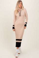 Beige Contrast Trim Knit Polo Maternity Midi Dress