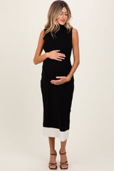 Black Knit Contrast Hem Mock Neck Sleeveless Maternity Midi Dress