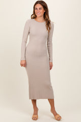 Beige Ribbed Knit Fitted Midi Sweater Dress