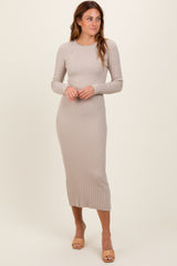 Beige Ribbed Knit Fitted Midi Sweater Dress