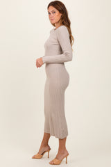 Beige Ribbed Knit Fitted Midi Sweater Dress