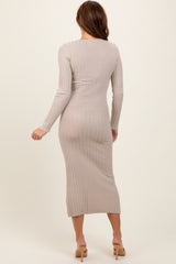 Beige Ribbed Knit Fitted Midi Sweater Dress