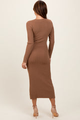 Mocha Ribbed Knit Fitted Midi Sweater Dress