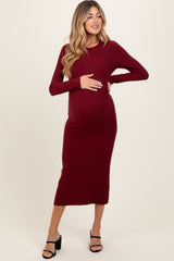 Burgundy Ribbed Knit Fitted Maternity Midi Sweater Dress