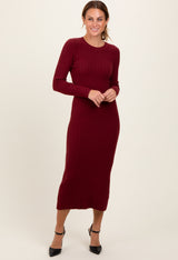 Burgundy Ribbed Knit Fitted Maternity Midi Sweater Dress